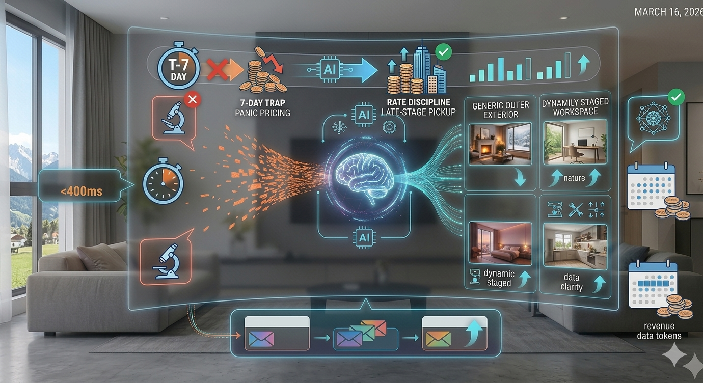 Dynamic Pricing Warfare 2026_The SmartRentalsai ROI Blueprint - SmartRentals.AI A high-tech informational infographic set within a luxurious modern apartment with an Alpine view. A large curved holographic display, glowing blue and teal, is divided into a purely visual narrative flow. At the center, a neural brain graphic represents the "Airbnb AI Algorithm." To its left, replacing the input chaos of earlier images, is a stylized "T-7 DAY" countdown clock with a large red 'X', labeled only with symbols for "PANIC PRICING" and "THE 7-DAY TRAP." This is contrasted with a new, optimized "LATE-STAGE PICKUP" flow marked with a green checkmark, labeled with symbols for "RATE DISCIPLINE" and "PREMIUM WEEKENDS." This flow leads to four specific, purely visual examples of dynamically priced visuals: (Top Left) a generic, static exterior shot (no label) marked as 'Red/Failed'; (Top Right) a dynamically staged workspace with nature view; (Bottom Left) a dynamically staged cozy interior with a centered fireplace; and (Bottom Right) a dynamically staged kitchen with metadata clarity symbols and upward arrow graphics. Floating callout bubbles contain graphical icons of microscopes and data networks, and a clock icon signifies decision speed (<400ms). All specific text and logos have been removed, relying on professional visual data mapping to tell the story of data-driven revenue management. The SmartRentals.ai logo is not present. The perspective is a clean wide shot of the room and interface.