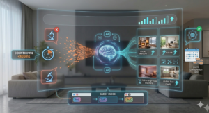 A high-tech infographic set within a luxurious modern apartment with an Alpine view. A large curved holographic display, glowing blue and teal, is divided into a purely visual diagnostic flow. At the center, a neural brain graphic represents the "Airbnb AI Algorithm." To its left, an input stream of chaotic, generic photos is marked with a red 'X', labeled only with symbols for "low interest." To its right, an optimized output flow is marked with a green checkmark, labeled with symbols for "context-aware" and "intent-matching." This flow leads to four specific, purely visual examples of adaptable Hero Images: 1) a centered office desk with a laptop and nature view, 2) a warm fireplace, 3) a bed with romantic lighting, and 4) a detailed, clutter-free kitchen with high metadata clarity. Floating callout bubbles contain graphical icons of microscopes and data networks, and a clock icon signifies a "