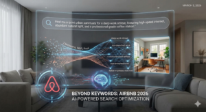 A futuristic interface overlay in a modern living room showing the evolution of Airbnb search in 2026: transitioning from basic keywords like "2 bedrooms, Wi-Fi" to AI-powered semantic search for a "deep-work retreat.