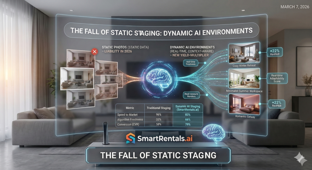 SmartRentalsSmartRentals.ai: The Evolution of Property Staging in 2026ai - The Evolution of Property Staging in 2026 - SmartRentals.AI A futuristic interface overlay in a modern living room setting, illustrating the shift from static to dynamic AI property staging in 2026. On the left, outdated static photos are marked with a red 'X', while on the right, a neural algorithm (brain icon) generates real-time, context-aware renders of the same property tailored to specific searches like "Cozy Winter Retreat," "Minimalist Summer Workspace," and "Romantic Getaway." Metrics such as "+22% RevPAR" and the SmartRentals.ai logo are prominently featured.