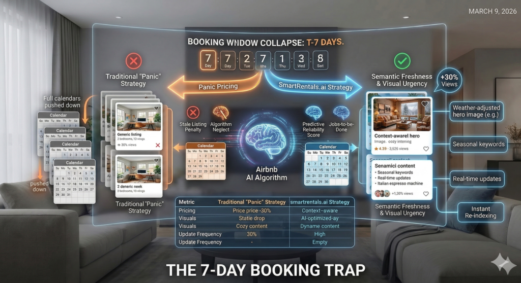 A high-impact infographic titled "THE 7-DAY BOOKING TRAP," set against a blurred modern interior. The visual features a central 7-day countdown clock that divides two contrasting strategies. On the left, the "Traditional 'Panic' Strategy" shows a calendar with many empty slots, a red 'X', and a downward arrow signifying a drop in search rankings due to "Algorithm Neglect." On the right, the "SmartRentals.ai Strategy" displays a fully booked calendar, a green checkmark, and a brain icon representing the "Airbnb AI Algorithm" validating "Semantic Freshness" and "Visual Urgency." A comparison table at the bottom highlights the shift from 30% discounts to context-aware, real-time updates.