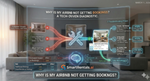 A high-tech infographic visualizing a diagnostic for an empty Airbnb listing, set against a modern living room interior. The central feature is a holographic display titled "WHY IS MY AIRBNB NOT GETTING BOOKINGS? A TECH-DRIVEN DIAGNOSTIC." A glowing, futuristic wrench overlays a struggling, faded traditional listing. Three red 'Failed' data streams point to 'Outdated Visuals', 'Uncompetitive Pricing', and 'Rigid Settings', leading to low conversion. Contrasting these are three glowing green 'Optimized' data streams pointing to 'Visual Refresh', 'Dynamic Pricing', and 'Algorithm Activity Signals', which lead to a vibrant, context-aware listing and full occupancy. Callouts with text like "+15% Search Visibility" and "+10-20% Occupancy" highlight the success of the optimized strategy. The SmartRentals.ai logo and a brain representing the "Airbnb AI Algorithm Matching Engine" are prominently featured at the bottom, validating the solution. The title of the blog post, "WHY IS MY AIRBNB NOT GETTING BOOKINGS?", is displayed below the whole setup.