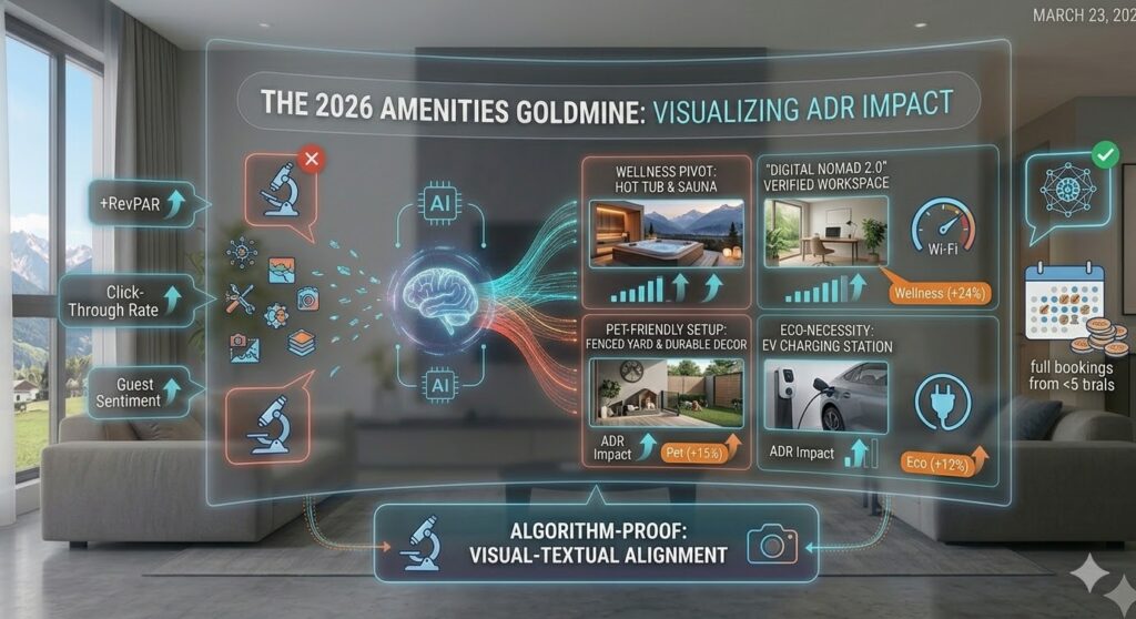 A high-tech infographic titled "THE 2026 AMENITIES GOLDMINE: VISUALIZING ADR IMPACT" set in a modern living room with Alpine views. The central graphic shows the "Airbnb AI Algorithm" brain processing unverified amenity data (red 'X' side) into a "Multi-Modal Verified" output (green check side). Four specific amenity high-yield categories are visualized: Wellness Pivot (Hot Tub & Sauna with +24% ADR), Digital Nomad 2.0 (Verified Workspace with +18% ADR and Wi-Fi speed test icon), Pet-Friendly Setup (Fenced yard with +15% ADR), and Eco-Necessity (EV Charging Station with +12% ADR). Performance bars for +RevPAR, Click-Through Rate, and Guest Sentiment are shown with upward blue arrows. At the bottom, a "ALGORITHM-PROOF: VISUAL-TEXTUAL ALIGNMENT" callout highlights the need for photos to match descriptions.