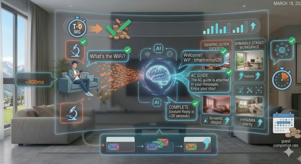 A high-tech informational infographic visualizing Zero Latency AI Guest Communication for SmartRentals.ai, set within a luxurious Innsbruck apartment with Alpine views. The central curved holographic display is divide into a logical flow. At the center, the 'Airbnb AI Algorithm' neural brain. From the left, a guest on a sofa uses a smartphone, sending an inquiry: 'GUEST: What's the WiFi? (and is that AC guide valid?)'. This query flows instantly into the central brain, labeled 'AI Guest Assistant' with a '