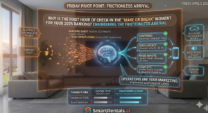 A high-tech informational infographic titled "WHY IS THE FIRST HOUR OF CHECK-IN THE 'MAKE OR BREAK' MOMENT FOR YOUR 2026 RANKING? ENGINEERING THE FRICTIONLESS ARRIVAL" set in a luxurious, modern apartment with a scenic mountain view. The central curved holographic display contrasts "MANUAL TEXTING, FRICTION, & BOTTLE-NECKS (NO RESPONSE)" on the red 'X' (Failed) side, with "ZERO-LATENCY MESSAGING (AUTOMATED 2H BEFORE, 3H AFTER) + DYNAMIC VISUALS" on the green check (Optimized) side. The central AI brain graphic (labeled 'Airbnb AI Algorithm') processes chaotic data into precise performance cards. Output examples show: Inquiry Response Time (