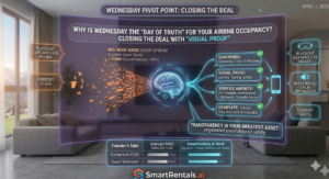 A high-tech informational infographic titled "WHY IS WEDNESDAY THE 'DAY OF TRUTH' FOR YOUR AIRBNB OCCUPANCY? CLOSING THE DEAL WITH 'VISUAL PROOF'" set in a modern Innsbruck apartment with Alpine views. The central curved holographic display contrasts "STATIC, LOW TRUST, LOW VISIBILITY" on the red 'X' (Failed) side, with "VERIFIED VISUALS (SPEED TEST, SPRING PHOTO, EV CHARGER, CONVENIENCE MAP) + DYNAMIC" on the green check (Optimized) side. The central AI brain graphic (labeled 'Airbnb AI Algorithm') processes chaotic data into precise performance cards. Output examples show: Inquiry Response Time (