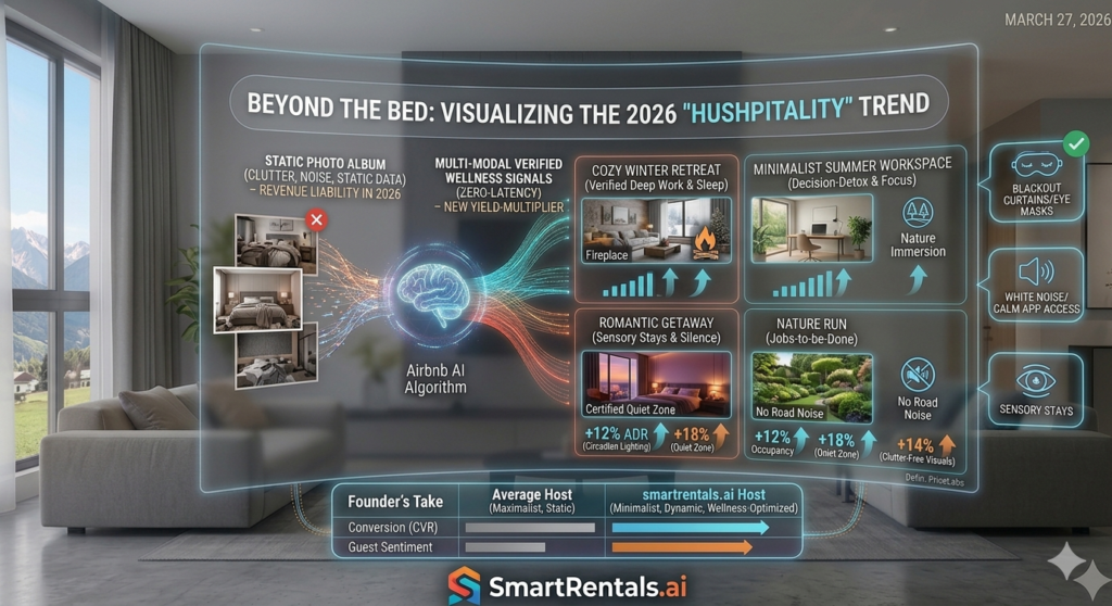 A high-tech informational infographic titled "BEYOND THE BED: VISUALIZING THE 2026 'HUSHPITALITY' TREND" set in a modern Innsbruck living room with Alpine views. The central curved holographic display contrasts "STATIC PHOTO ALBUM (CLUTTER, NOISE, STATIC DATA) - REVENUE LIABILITY IN 2026" on the red 'X' (Failed) side, with "MULTI-MODAL VERIFIED WELLNESS SIGNALS (ZERO-LATENCY) - NEW YIELD-MULTIPLIER" on the green check (Optimized) side. A central AI brain graphic (labeled 'Airbnb AI Algorithm') processes chaotic data into precise performance cards. Output examples are shown for: Wellness Pivot (+12% ADR from Circadian Lighting), Quiet-Cation (+18% Occupancy from Soundproofing, marked as 'Certified Quiet Zone'), and Decision Detox (+14% CTR from Minimalist Visuals, marked as 'Clutter-Free Visuals'). Floating callout bubbles include icons for Blackout Curtains/Eye Masks, White Noise/Calm App Access, and Sensory Stays. At the bottom, a "Founder’s Take" chart contrasts "Average Host (Maximalist, Static)" against "smartrentals.ai Host (Minimalist, Dynamic, Wellness-Optimized)," illustrating conversion (CVR) and sentiment lifts through purely graphic performance bars. The SmartRentals.ai logo is at the bottom center. A clean, subtle star icon remains in the bottom right corner. The natural light from the Alpine windows remains.