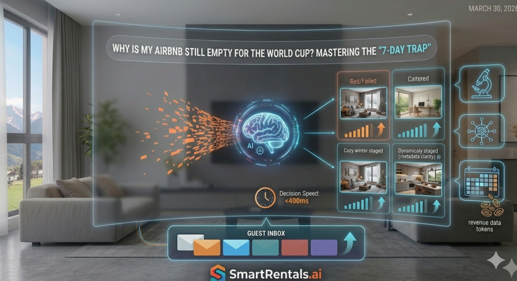A high-tech informational infographic set within a luxurious modern apartment with an Alpine view on MARCH 30, 2026. A large curved holographic display, glowing blue and teal, is divided into a purely visual diagnostic flow. At the center, a neural brain graphic (labeled 'Airbnb AI Algorithm') processes chaotic data streams. To its left, a cluster of failing, static listing cards is marked with a red 'X', labeled only with symbols for "low interest" and "panic pricing," leading to an empty calendar. To its right, an optimized, dynamic output stream is marked with a green checkmark, labeled with symbols for "flexible cancellation," "intent-matching," and "verified trust," leading to a full calendar with premium bookings. Floating callout bubbles contain graphical icons of microscopes and data networks, and a clock icon signifies decision speed (