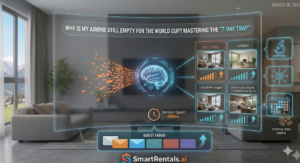 A high-tech informational infographic set within a luxurious modern apartment with an Alpine view on MARCH 30, 2026. A large curved holographic display, glowing blue and teal, is divided into a purely visual diagnostic flow. At the center, a neural brain graphic (labeled 'Airbnb AI Algorithm') processes chaotic data streams. To its left, a cluster of failing, static listing cards is marked with a red 'X', labeled only with symbols for "low interest" and "panic pricing," leading to an empty calendar. To its right, an optimized, dynamic output stream is marked with a green checkmark, labeled with symbols for "flexible cancellation," "intent-matching," and "verified trust," leading to a full calendar with premium bookings. Floating callout bubbles contain graphical icons of microscopes and data networks, and a clock icon signifies decision speed (