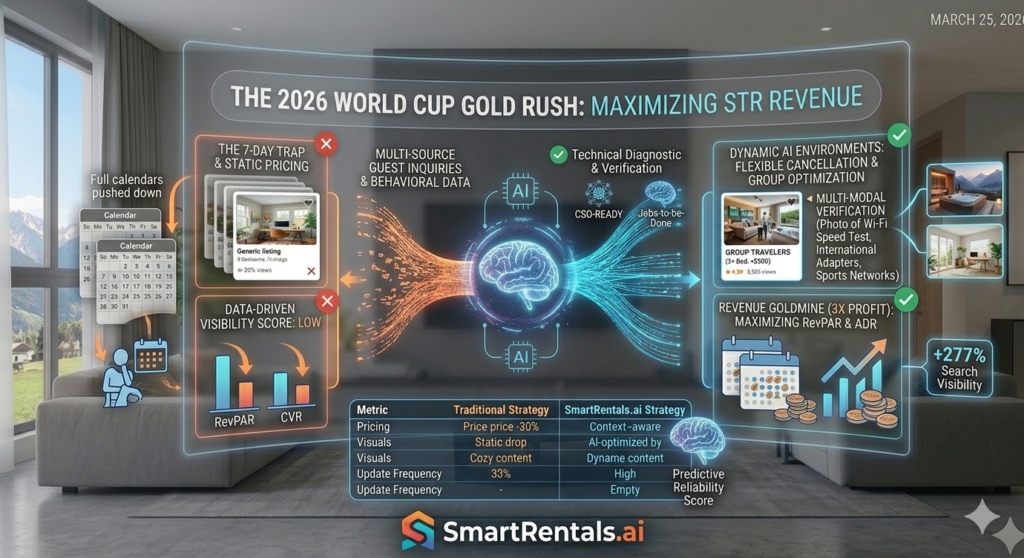 A high-tech infographic titled "THE 2026 WORLD CUP GOLD RUSH: MAXIMIZING STR REVENUE" set in a modern living room with Alpine views. The central graphic shows the "Airbnb AI Algorithm" brain processing inputs. On the red 'X' side (Failed), generic, static listing cards are penalized for "Algorithm Neglect," "Low Flexibility," and "Unverified Content," resulting in an empty calendar. On the green check side (Optimized), vibrant, context-aware AI listings are prioritized for "Context-Aware Pricing," "Verified Amenities (Wi-Fi Speed Test Photo, International Adapters, Sports Networks)," and "Extreme Flexibility," resulting in a full calendar with a "+277% Search Visibility" callout. An abstract data table at the bottom contrasts the 'Static' strategy against 'SmartRentals.ai', highlighting RevPAR and ADR growth.
