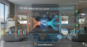 A high-tech infographic titled "THE 2026 WORLD CUP GOLD RUSH: MAXIMIZING STR REVENUE" set in a modern living room with Alpine views. The central graphic shows the "Airbnb AI Algorithm" brain processing inputs. On the red 'X' side (Failed), generic, static listing cards are penalized for "Algorithm Neglect," "Low Flexibility," and "Unverified Content," resulting in an empty calendar. On the green check side (Optimized), vibrant, context-aware AI listings are prioritized for "Context-Aware Pricing," "Verified Amenities (Wi-Fi Speed Test Photo, International Adapters, Sports Networks)," and "Extreme Flexibility," resulting in a full calendar with a "+277% Search Visibility" callout. An abstract data table at the bottom contrasts the 'Static' strategy against 'SmartRentals.ai', highlighting RevPAR and ADR growth.