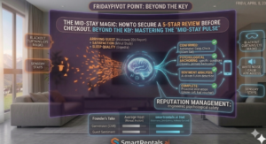 A high-tech informational infographic titled "THE MID-STAY MAGIC: HOW TO SECURE A 5-STAR REVIEW BEFORE CHECKOUT. BEYOND THE KEY: MASTERING THE 'MID-STAY PULSE'" set in a luxurious, modern apartment with a scenic mountain view on FRIDAY, APRIL 8, 2026. The central curved holographic display contrasts "GENERIC MESSAGING, AUTOMATED NOISE, & DELAYED CANCELLATION" on the red 'X' (Failed) side, with "VERIFIED VISUALS (SPEED TEST, SPRING PHOTO, EV CHARGER, CONVENIENCE MAP) + DYNAMIC MESSAGING" on the green check (Optimized) side. The central AI brain graphic (labeled 'Airbnb AI Algorithm') processes chaotic data from Hostaway, Expedia, and Minut reports into precise performance cards. Output examples show: Inquiry Response Time (